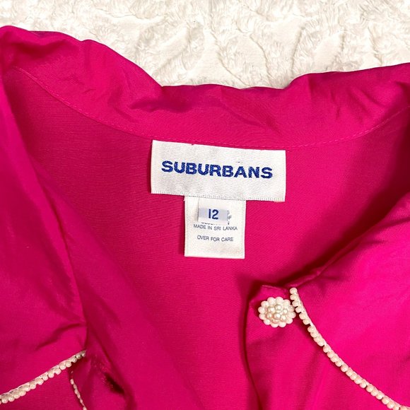 Vintage 80s Fuchsia Blouse by Suburbans – Pearl Cluster Buttons, Beaded Trim - Picture 7 of 8